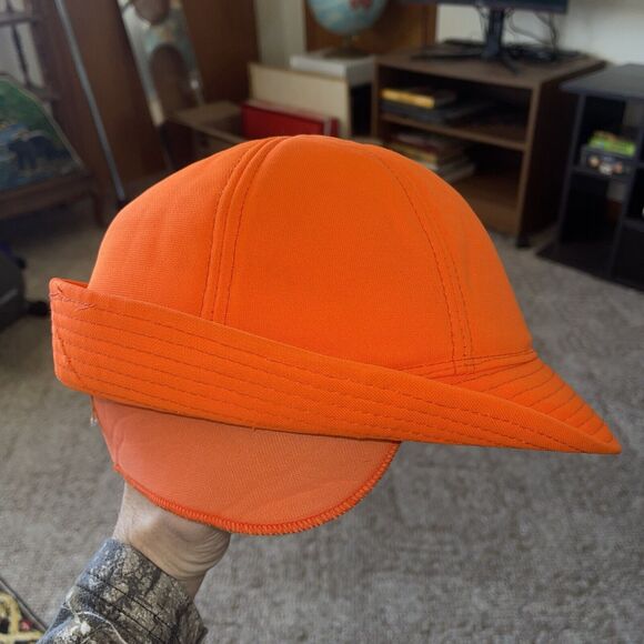 Vintage Youngan Blaze Orange Hunting Brimmed Ear Flap Mens Hat Size M Winter Cap - Picture 1 of 12